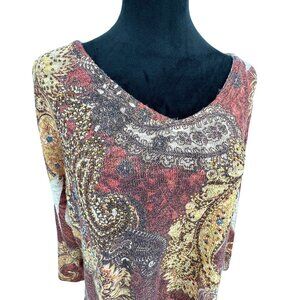 Reba Tunic Top Knit Woman Size 3X Paisley Asymmetrical Hem Boxy Embellished Long